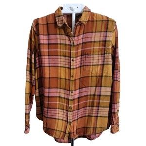Women's Sonoma Top Shirt Good for Life Plaid Button Down Orange Yellow  Sz L